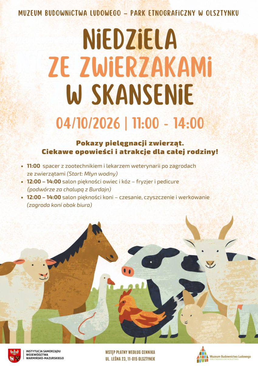 Plakat zapraszający w niedzielę 4 października 2026 r. do Muzeum Budownictwa Ludowego w Olsztynku na wydarzenie "Niedzielę ze Zwierzakami" w Skansenie Olsztynek 2026. 